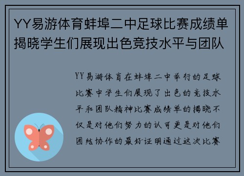 YY易游体育蚌埠二中足球比赛成绩单揭晓学生们展现出色竞技水平与团队精神